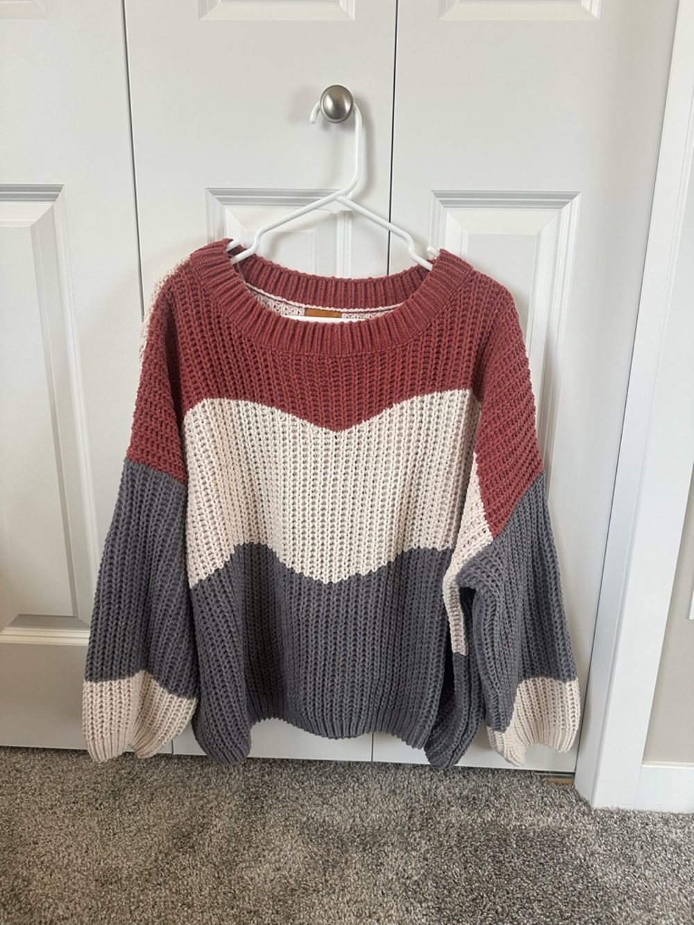 Cozy Colorblock Chunky Knit Sweater - Rust, Cream & Gray